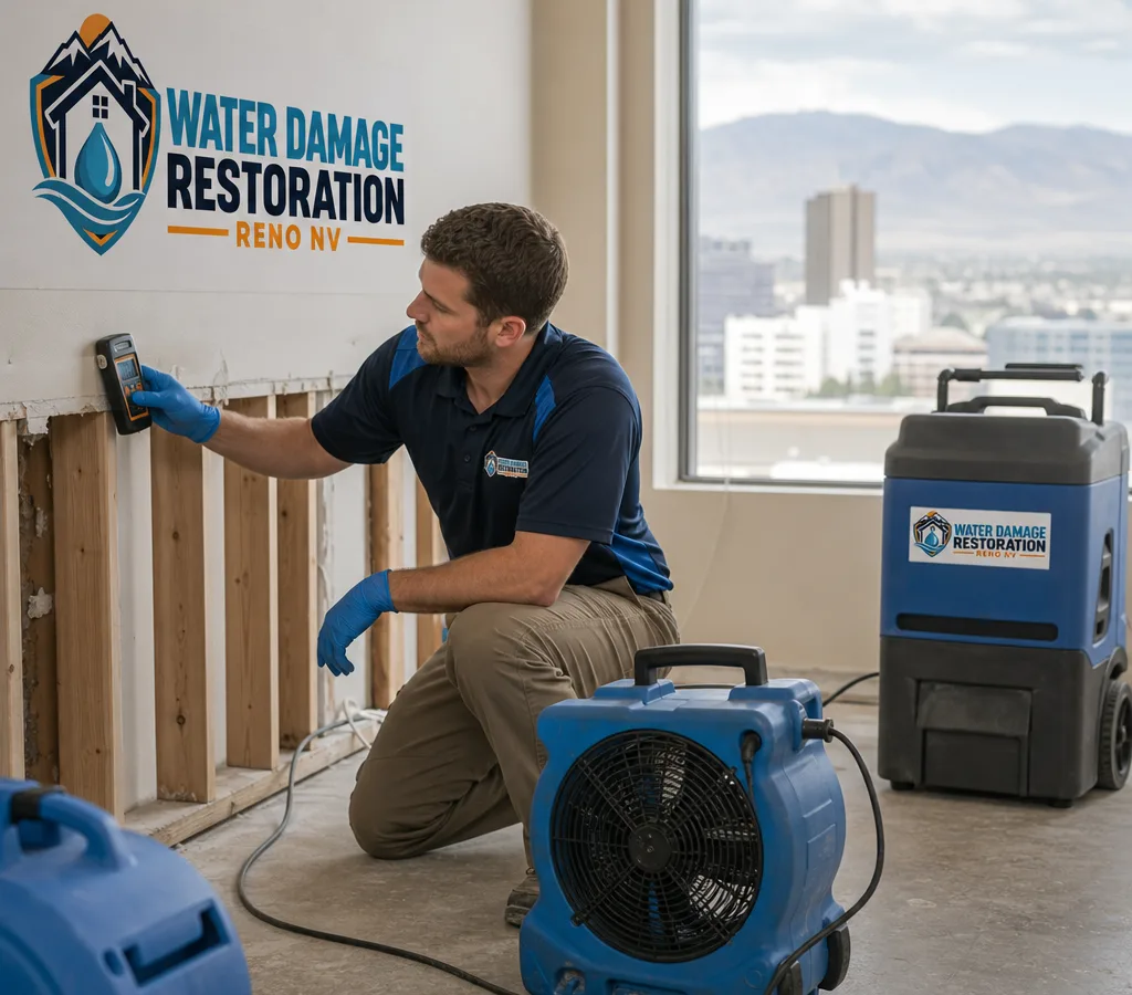 Technician using a moisture meter in a Reno property with air movers and a dehumidifier staged for drying