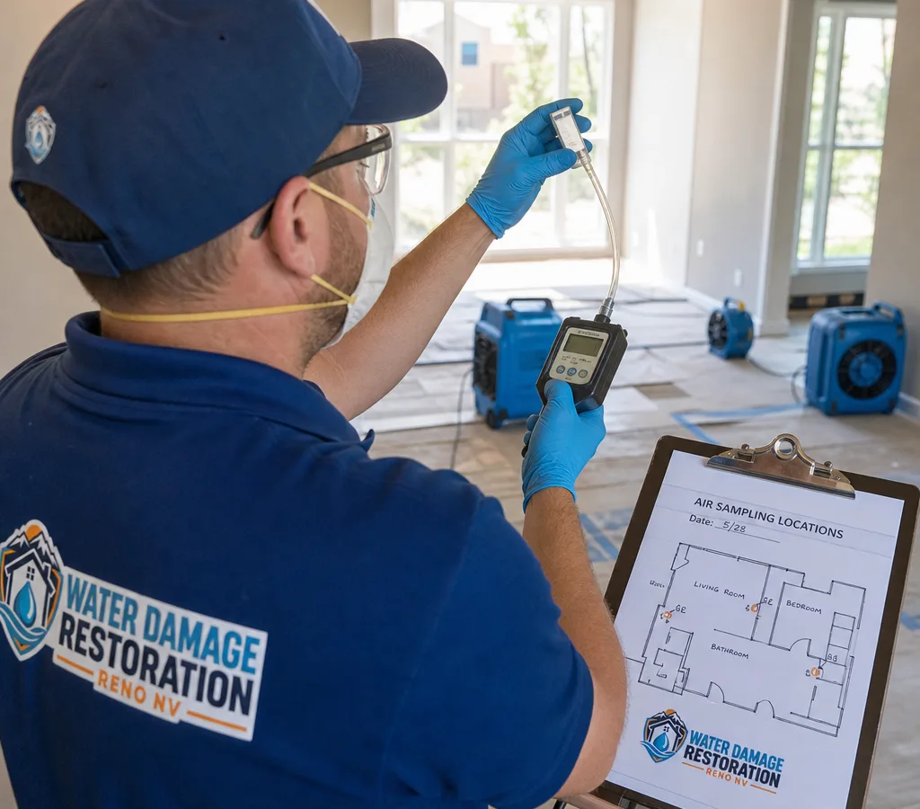 Technician in PPE taking an indoor air sample with a calibrated pump and cassette in a Reno home, with sampling locations labeled on a clipboard