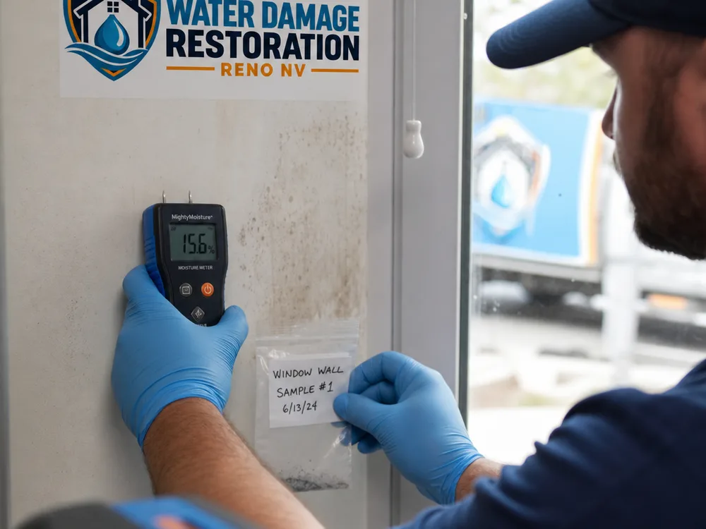 Moisture meter reading on drywall near a window while a labeled surface sample is collected beside light staining