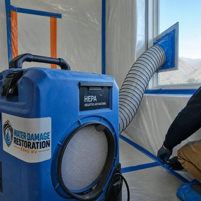 Close-up of a HEPA negative air machine with ducting running to a window and taped plastic containment seams in a room under remediation