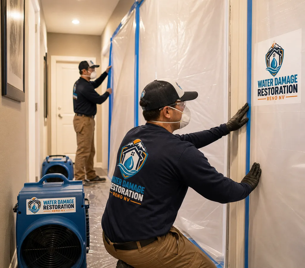 Technicians in PPE setting up plastic containment and a negative air machine in a Reno home hallway before beginning mold removal