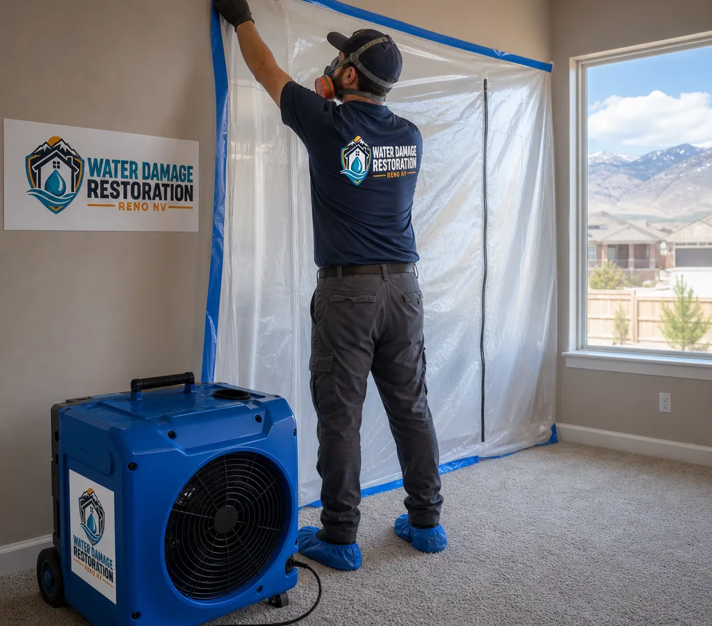 Technician in protective gear setting up plastic containment and a negative air machine inside a Reno residence during mold removal