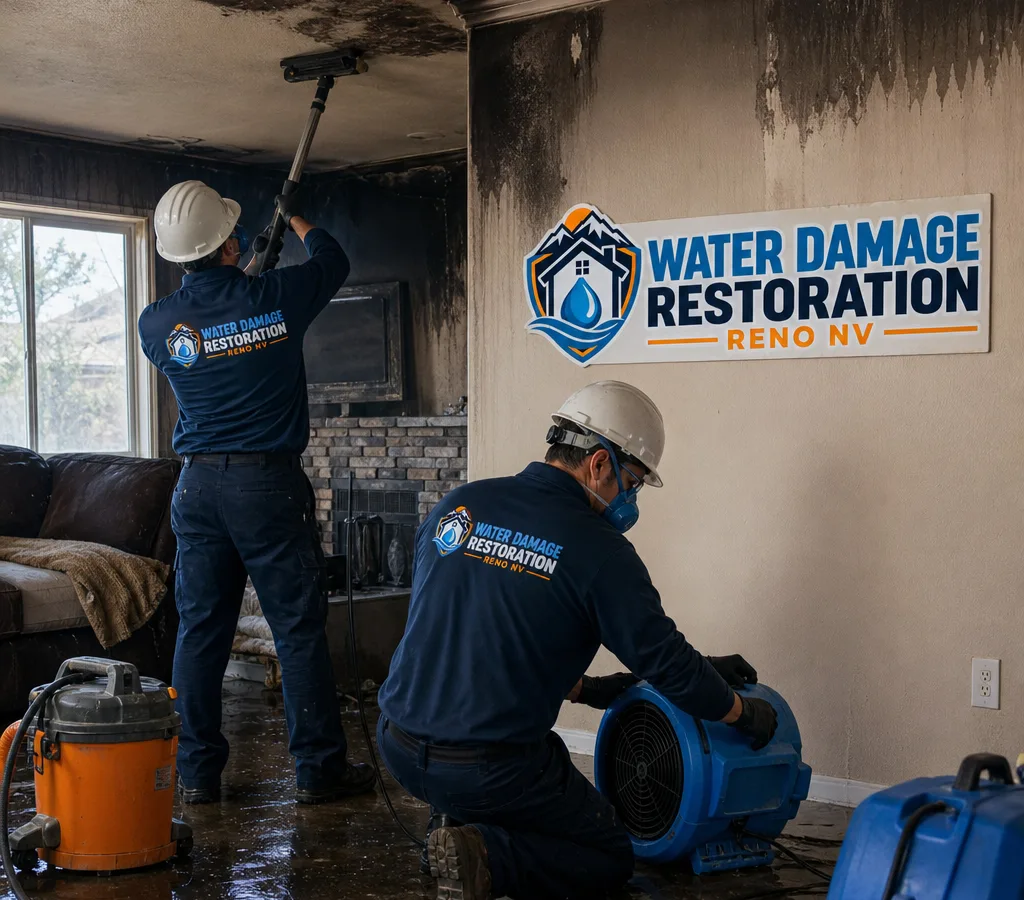 Technicians in protective gear working inside a Reno-area home after a small fire, with visible soot on walls and restoration equipment staged safely in the background