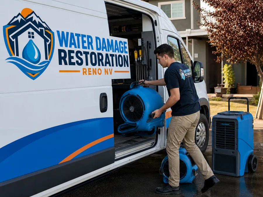 Crew member loading air movers and a dehumidifier from a restoration work van